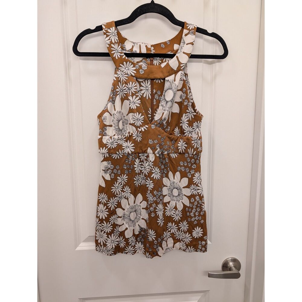 Trina Turk Brown White Floral Silk Halter Top Sleeveless Keyhole Back Size 6